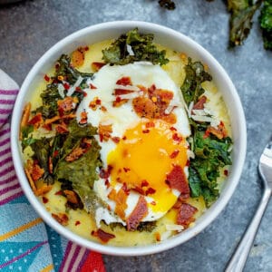 Pesto Polenta with Crispy Kale, Bacon, and Egg
