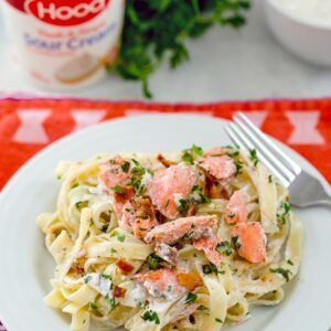 Salmon Fettuccine with Caesar Sour Cream Sauce