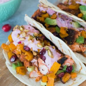 Winter Salmon Tacos with Butternut Squash Salsa and Cranberry Crema