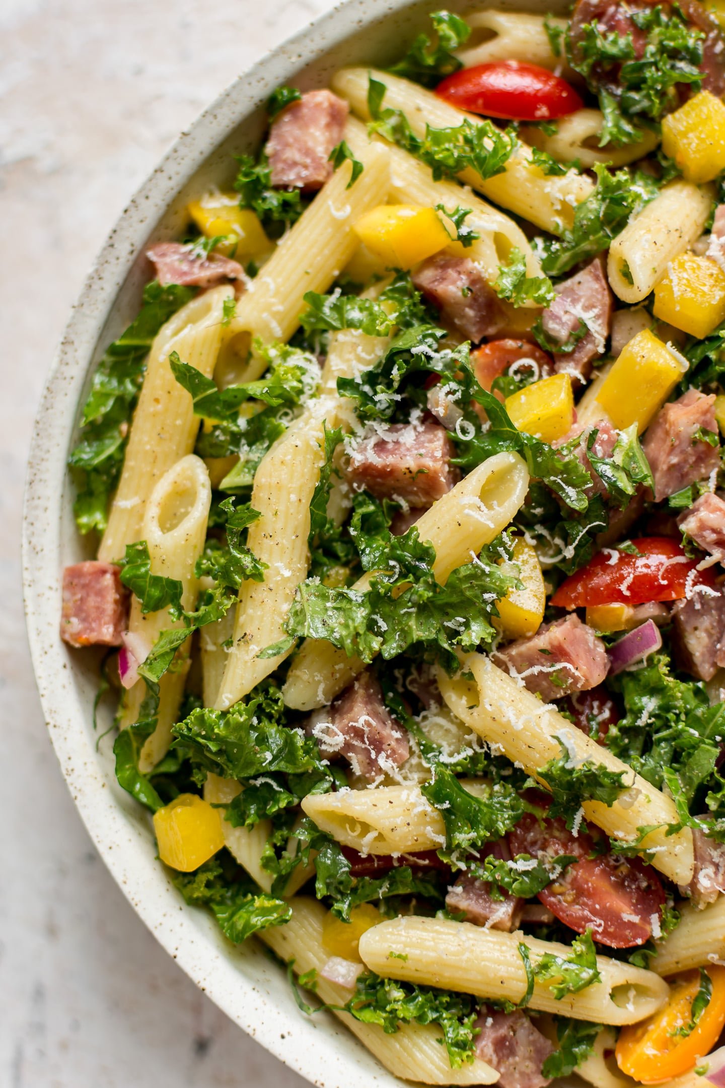 Tuna, Broccoli and Kale Caesar Pasta Salad